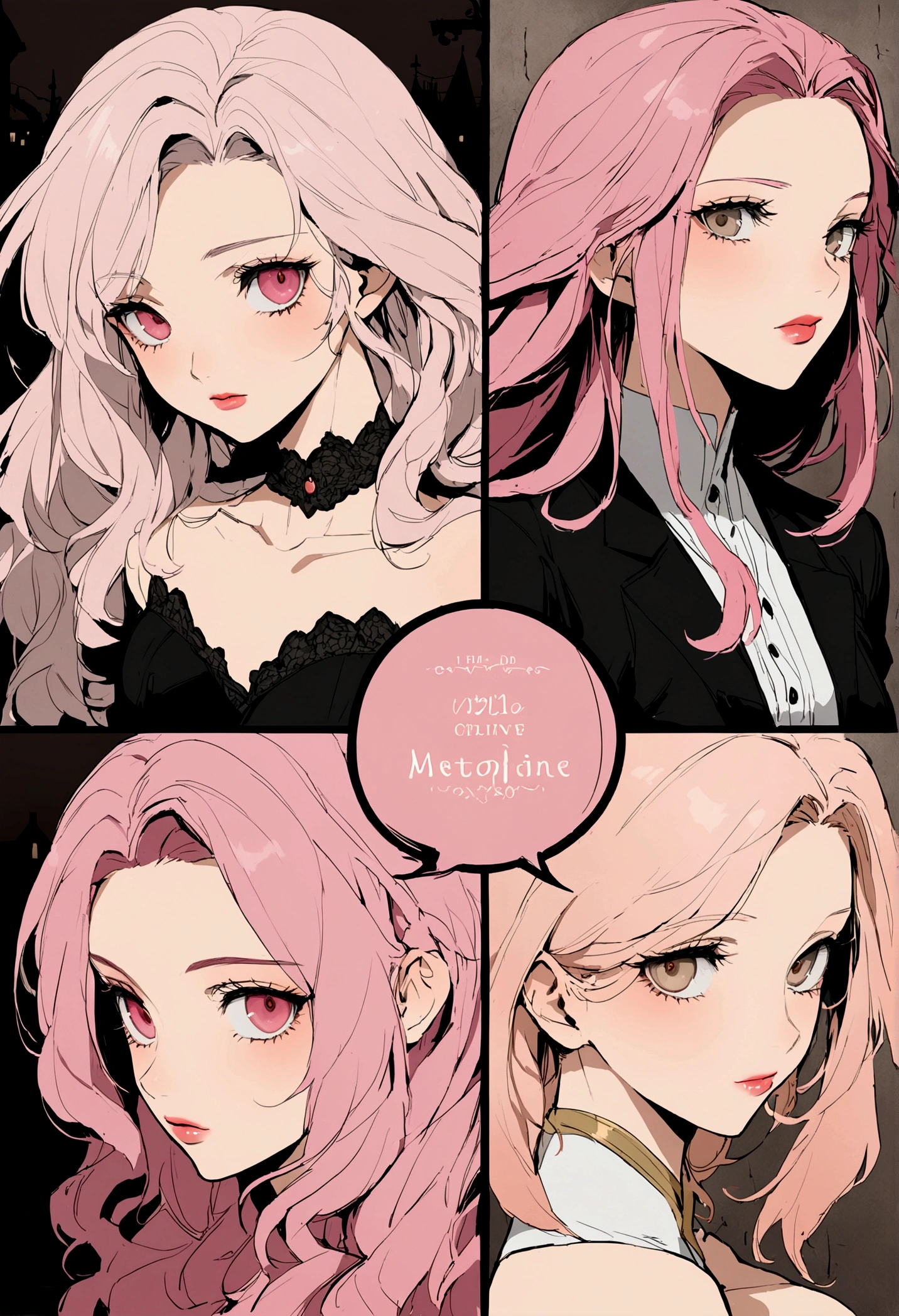 2D High quality concept art portrait featuring a fantastic and beautiful and fair 18 years old whit Silver pink hair and Hazel eyes Caucasian color women (Bella Delphine) in a street with a dark and mysterious atmosphere. one page cover style, high quality, perfect anatomy