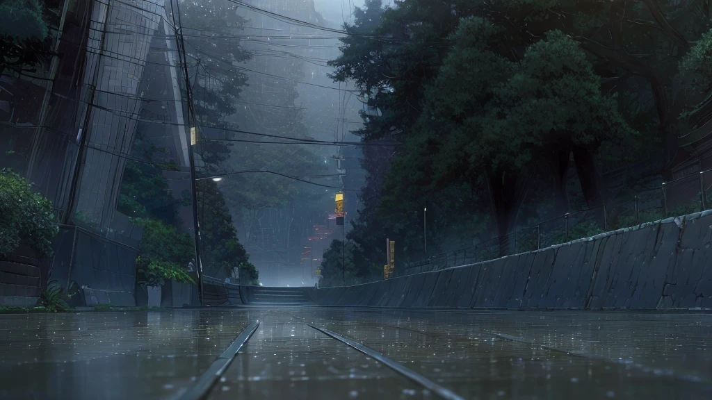 tokyo sidewalk at morning after rain with wet streets, bokeh, focus on ground, make it like garden of words style, warm tone, no human, no people on it, (((very low angle))), (((detailed background)))