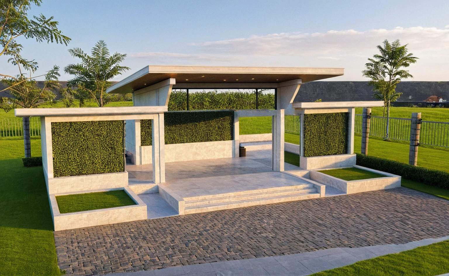 Masterpiece, high quality, best quality, authentic, super detail, outdoors, huts, white wall, road, field landscape, pavement, grass, trees, blue sky, sunset, (day:1.1), spring lighting