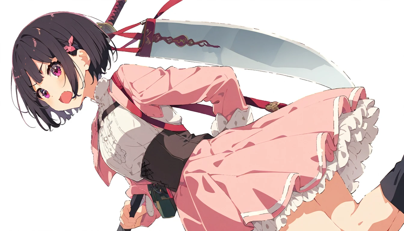 Black short bob、Bangs、Pink knee-length flared skirt、White blouse、Pink Bolero、Carrying a large sword on his back
