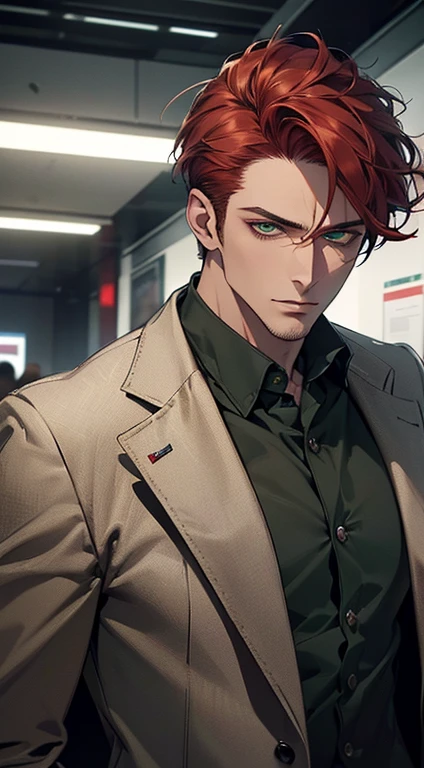 (best quality,8k,masterpiece,photorealistic,cinematic lighting,hdr image,ultra detailed,beautiful image),(mature man),(very handsome),(serious),(short red hair),(green eyes),(perfect face without errors),((buttoning the jacket, CEO))