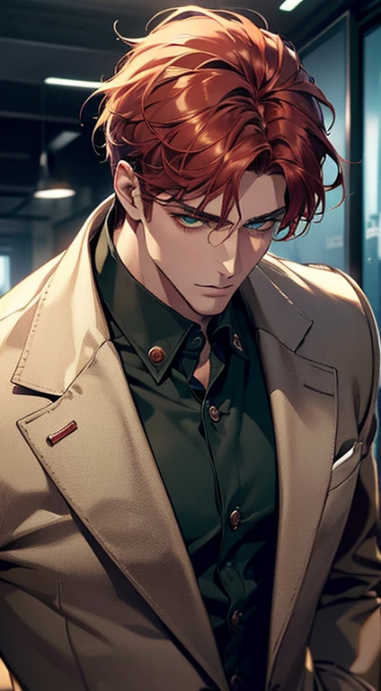 (best quality,8k,masterpiece,photorealistic,cinematic lighting,hdr image,ultra detailed,beautiful image),(mature man),(very handsome),(serious),(short red hair),(green eyes),(perfect face without errors),((buttoning the jacket, CEO))