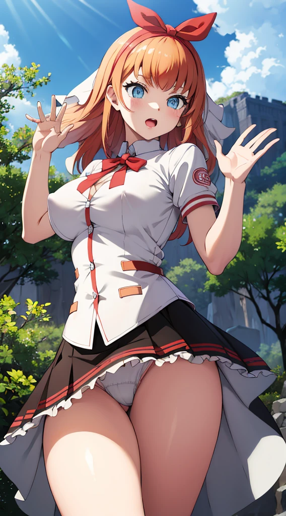 Nipples are visible、The skirt is flipped up、Without skirt、White underwear、In underwear、Panties in full view、White panties、 1, 1girl, asahina mikuru, long hair, kita high , 独奏,  short sleeves, red ribbon, large breasts, cowboy shot, waving, outdoors, Underwear in full view、From the back