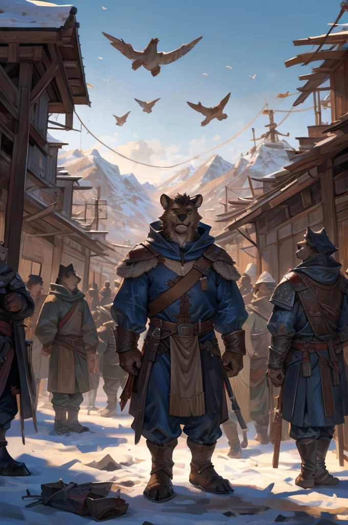 By Taran Fiddler, crowd of people, furry, multiple characters, medieval clothing, wearing light brown cloaks, varying clothing, standing up, people gathering in a crowd,snowy background, refugee camp, moutain background, silhouettes in background (slightly crowded)