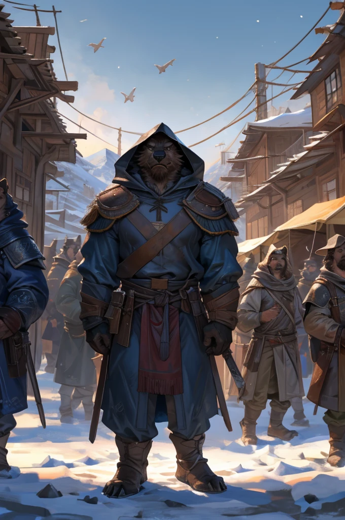 By Taran Fiddler, crowd of people, furry, multiple characters, medieval clothing, wearing light brown cloaks, varying clothing, standing up, people gathering in a crowd,snowy background, refugee camp, moutain background, silhouettes in background (slightly crowded)