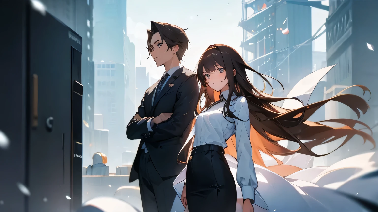 Female high school student and male office worker in suit、2 people、Small breasts、Slim Type、Straight Long Hair、Brown Hair、Neat and clean appearance、snowy city、