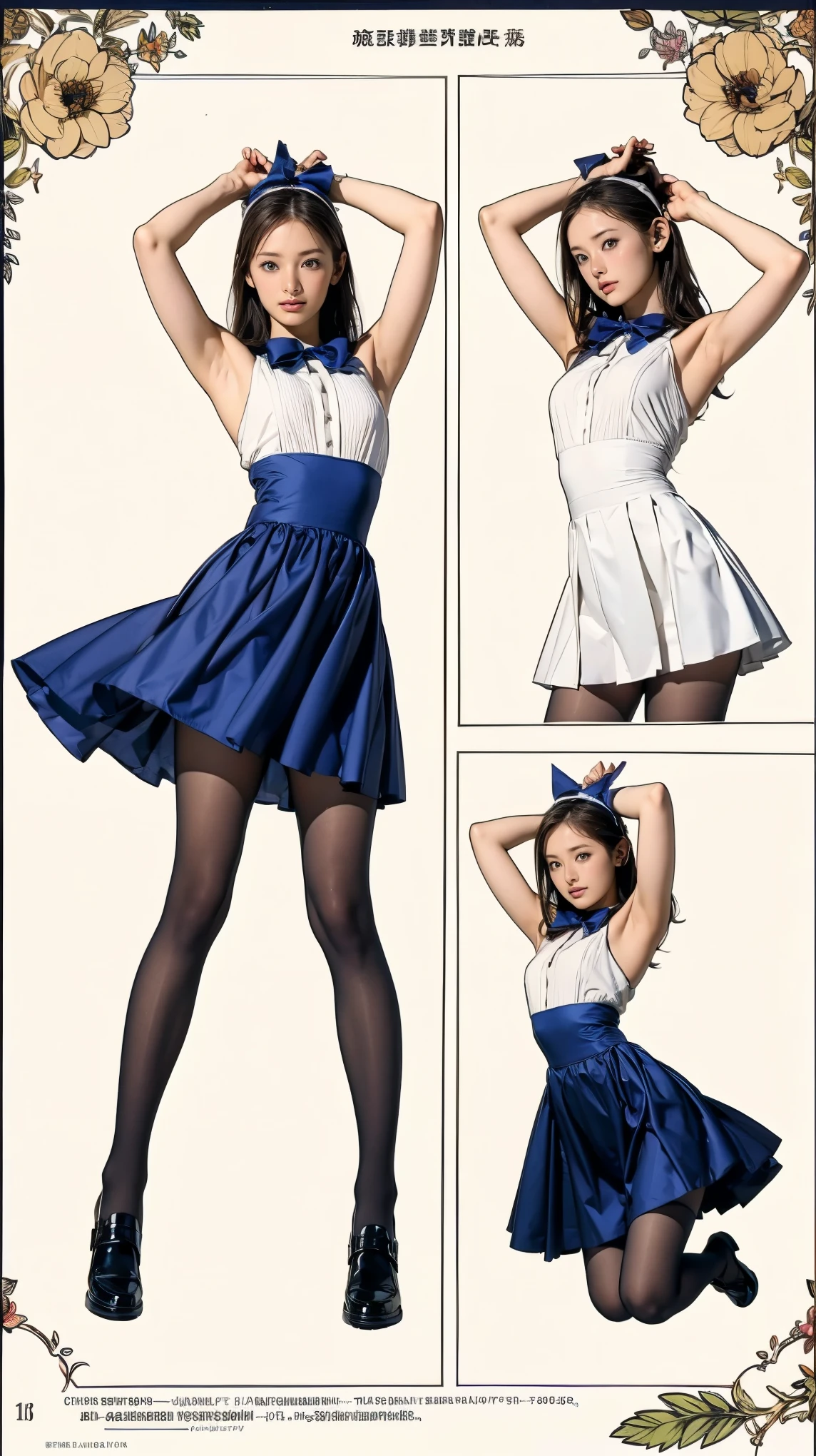 ((masterpiece)),(((Highest quality))),((Character design sheet)),Thin thighs,Long legs,((Alice in Wonderland, wearing a large ribbon on your head,, wear black tights,loafers))、-yeld gi(Raise your arms、Please show me your armpits:1.2)、(Droopy eyes:1.2), (Very slim:1.4)、Low angle reveals white panties:1.5,Plant and flower background:1.5