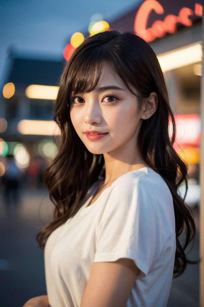 (8K, RAW Photos, masterpiece:1. 2), (Realistic, photo-Realistic:1. 37), Super detailed, Half Body, 1 Girl, alone, Beautifully detailed skies, Beautiful attention to detail, Beautiful and detailed lips, Professional Lighting, Photon Mapping, In front of the convenience store, Physically Based Rendering, Highly detailed eyes and face, Beautiful attention to detail, Light on the face, One girl, Looking at the audience, Captivating smile, Curly Hair, Cinema Lighting, Highest quality