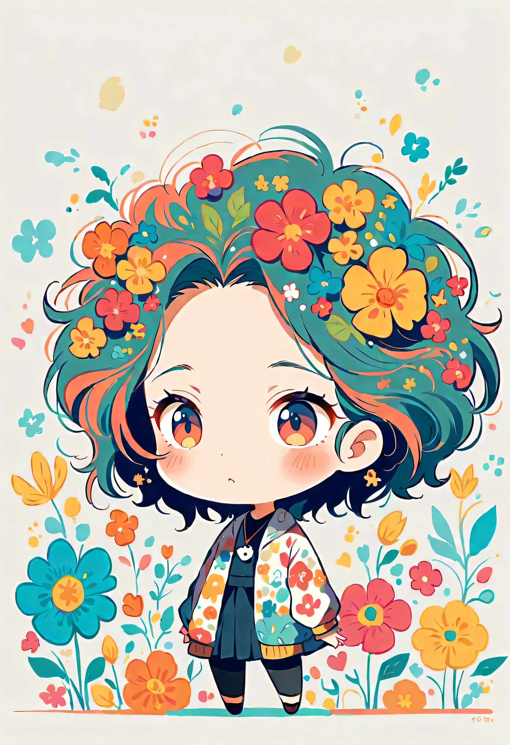 Takashi Murakami style, Standing in front of a high wall,Simple Line Initialism,Abstract art,Urban Background, (((The most beautiful girl))), (((chibi))), colorful flowers