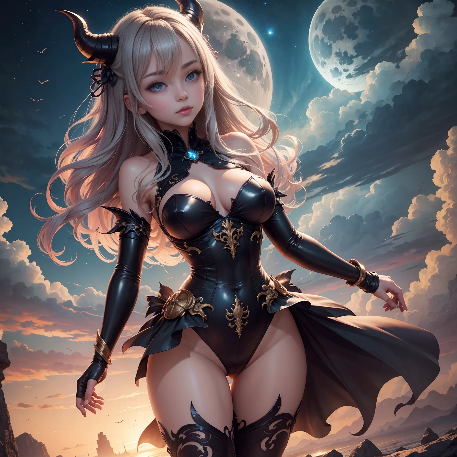 ((Highest quality)), ((masterpiece)), (detailed), Succubus, 天superiorの美しさ, 雲のsuperiorに座る, (Fantasy Illustration:1.3), Captivating Gaze, leotard, pantyhose, stockings, Bodysuits, Seductive pose, Delicate Wings, The charm of another world, Mystical Sky, Big Moon, Moonlit Night, Soft colors, (detailed cloudscape:1.3), (High resolution:1.2), From below, (evaluation_Explicit), (score_9, score_8_superior, score_7_superior, score_6_superior, score_5_superior, score_4_superior, High resolution, 4K)