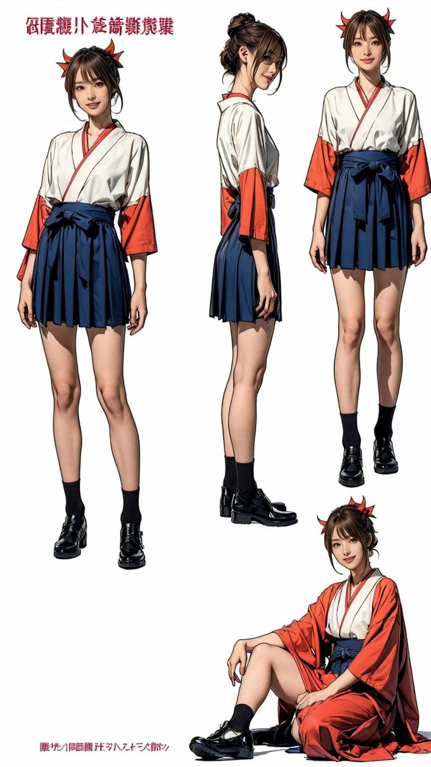 ((masterpiece)),(((Highest quality))),((Character design sheet)),Thin thighs,Long legs, One girl, Honoka, Shrine maiden, Hakama skirt, Sitting, shrine, smile