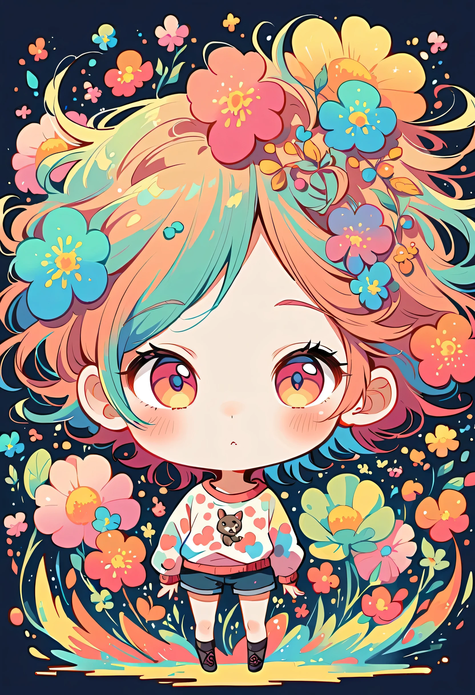 Takashi Murakami style, Standing in front of a high wall,Simple Line Initialism,Abstract art,Urban Background, (((The most beautiful girl))), (((chibi))), colorful flowers