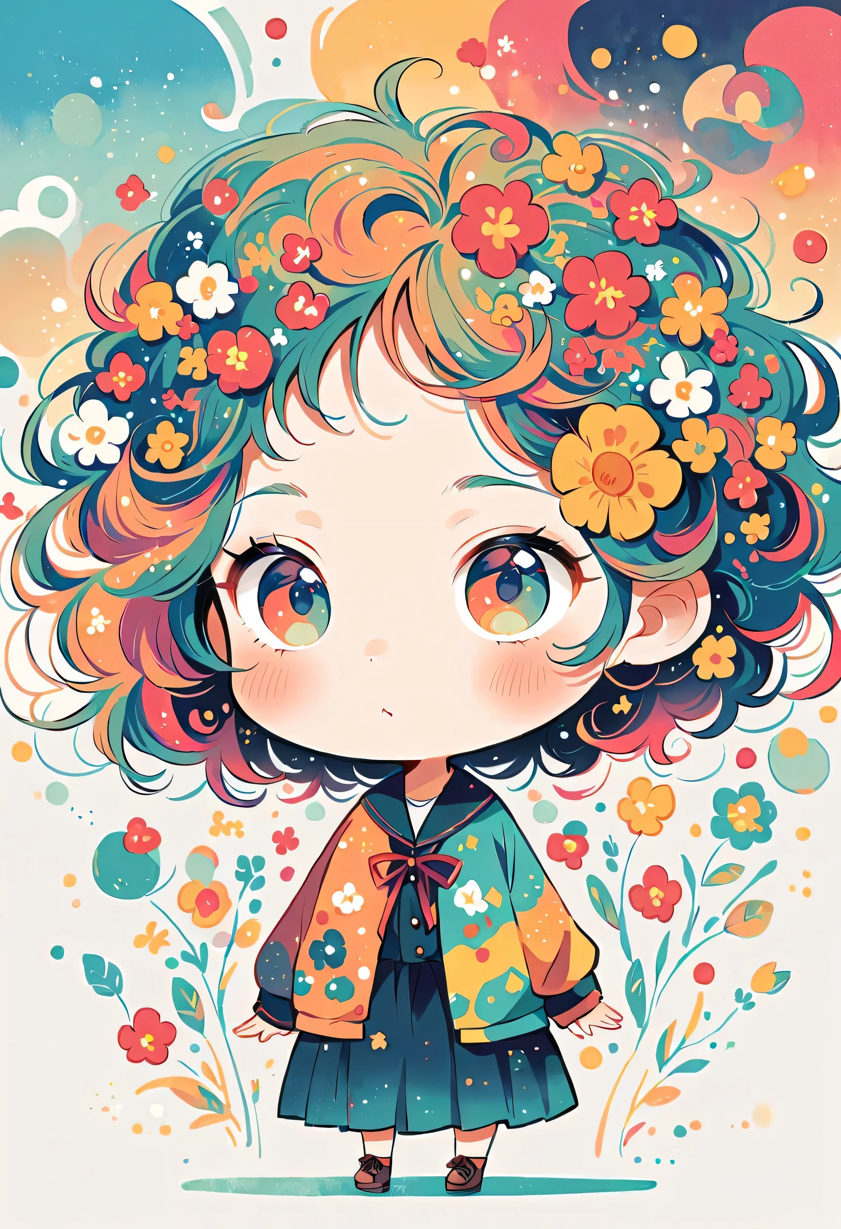 Takashi Murakami style, Standing in front of a high wall,Simple Line Initialism,Abstract art,Urban Background, (((The most beautiful girl))), (((chibi))), colorful flowers