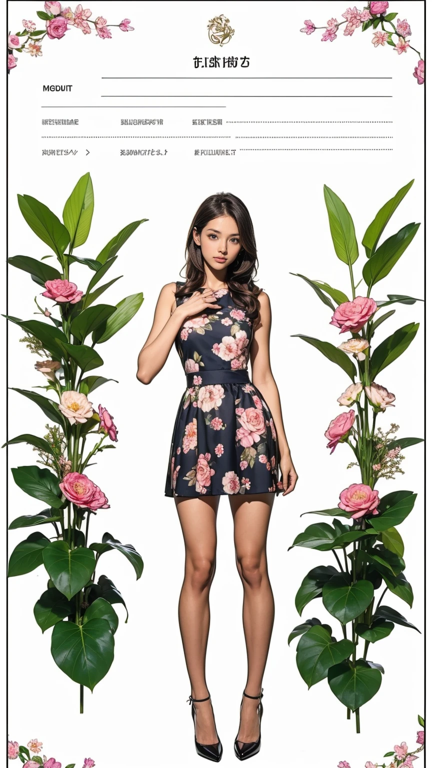 ((masterpiece)),(((Highest quality))),((Character design sheet)),Thin thighs,Long legs,whole body:1.5,(One Girl:1.3),(Black pantyhose and thick pointy heels:1.3),(Wearing a floral and plant patterned mini skirt dress:1.2),Short blonde:1.2、Model pose,Floral and botanical background:1.5,