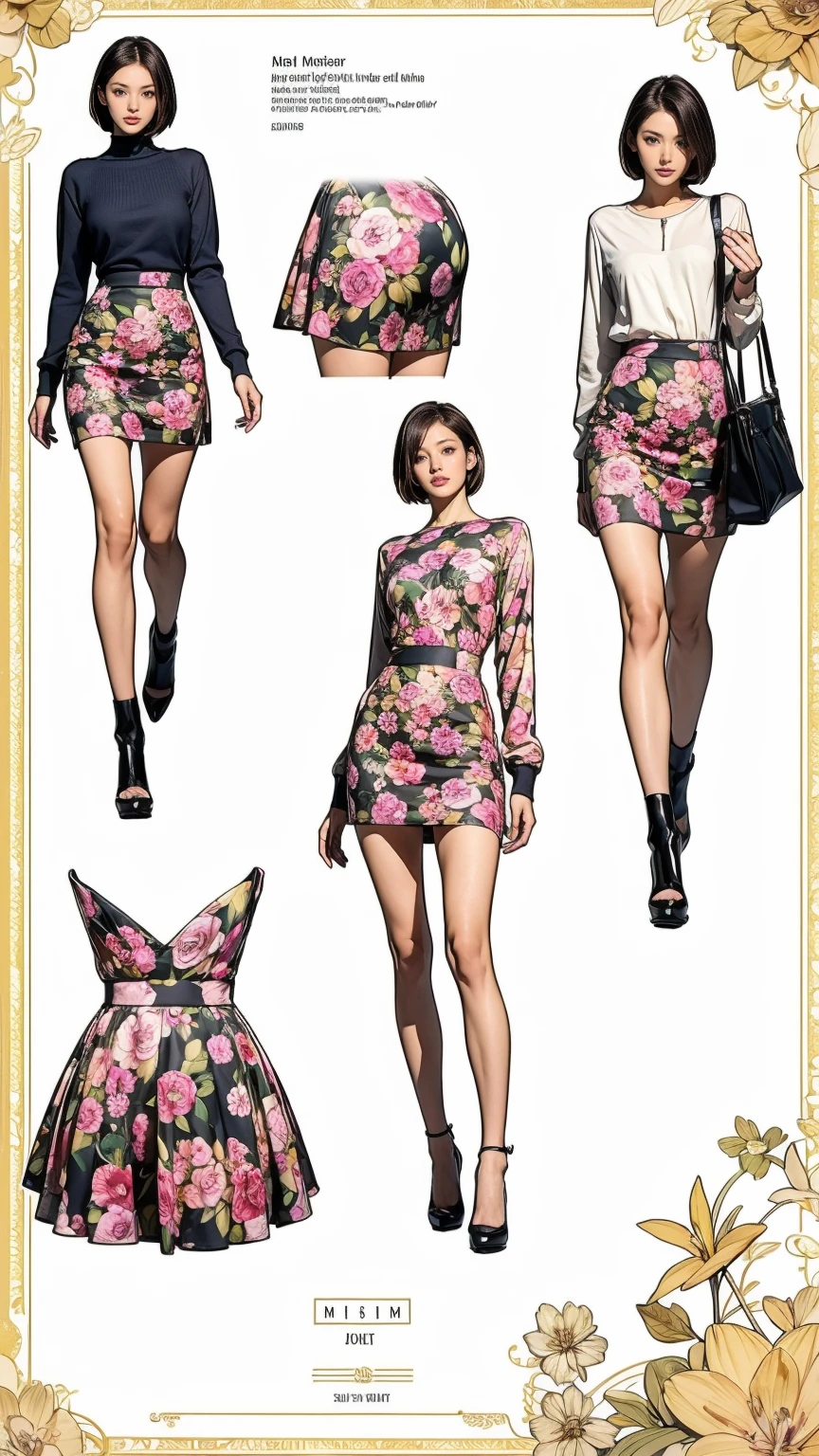 ((masterpiece)),(((Highest quality))),((Character design sheet)),Thin thighs,Long legs,whole body:1.5,(One Girl:1.3),(Black pantyhose and thick pointy heels:1.3),(Wearing a floral and plant patterned mini skirt dress:1.2),Short blonde:1.2、Model pose,Floral and botanical background:1.5,
