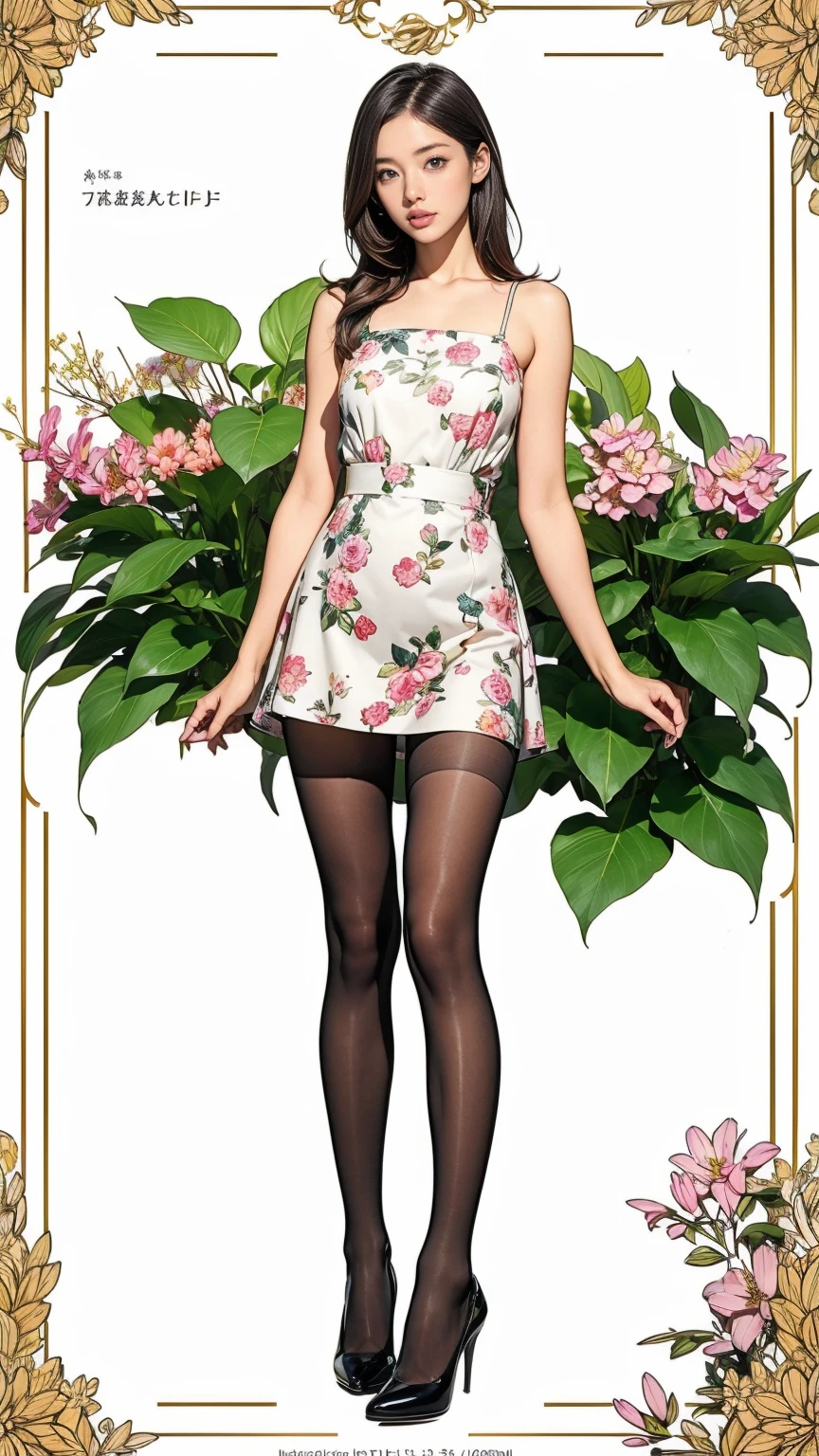 ((masterpiece)),(((Highest quality))),((Character design sheet)),Thin thighs,Long legs,whole body:1.5,(One Girl:1.3),(Black pantyhose and thick pointy heels:1.3),(Wearing a floral and plant patterned mini skirt dress:1.2),Short blonde:1.2、Model pose,Floral and botanical background:1.5,