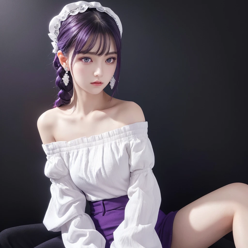 Highest quality, Very detailed, masterpiece, Super detailed, (reality: 1.2), 1 Girl, (Black Background), Simple Background, Delicate eyes, purple hair, Purple eyes, hair_ornament, (White off-shoulder shirt: 1.3), long hair, pointed_ear, 猫ear_Braiding, Expressionless, straight hair, (++ Sitting: 1.2),