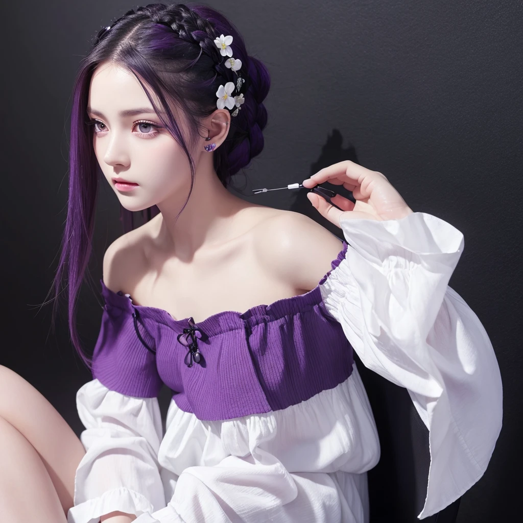 Highest quality, Very detailed, masterpiece, Super detailed, (reality: 1.2), 1 Girl, (Black Background), Simple Background, Delicate eyes, purple hair, Purple eyes, hair_ornament, (White off-shoulder shirt: 1.3), long hair, pointed_ear, 猫ear_Braiding, Expressionless, straight hair, (++ Sitting: 1.2), 
