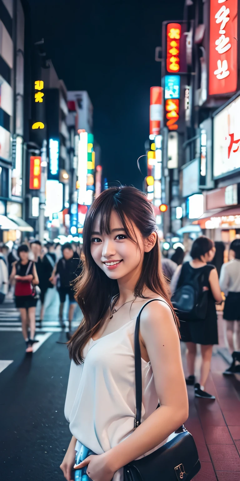 One girl, Tokyo Street,night, Cityscape,City lights,Upper Body,close,smile,, (8K, RAW Photos, Highest quality, masterpiece:1.2),(Realistic, photo-Realistic:1.37),