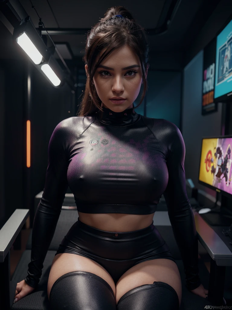 a woman gamer, full body shot, beautiful detailed eyes, beautiful detailed lips, extremely detailed face, long eyelashes, determined expression, tight fitting gaming outfit, colorful gaming setup, neon lighting, dark moody atmosphere, (best quality,4k,8k,highres,masterpiece:1.2),ultra-detailed,(realistic,photorealistic,photo-realistic:1.37),studio lighting,physically-based rendering,extreme detail description,vivid colors,bokeh,digital art