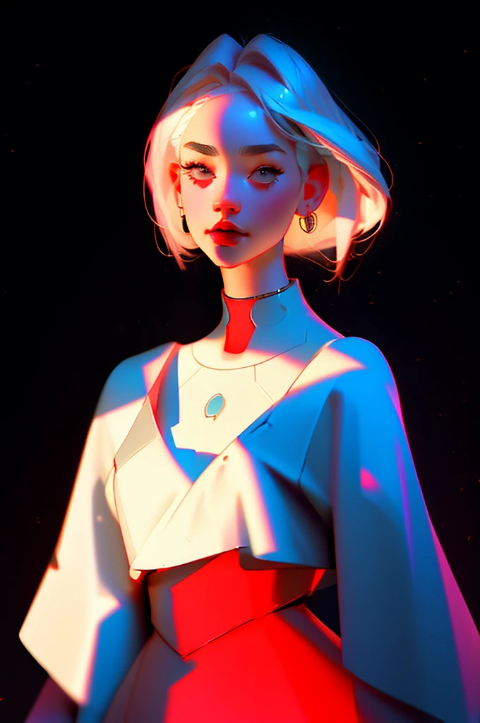 Highest quality hyper-realistic illustration, The perfect masterpiece, perfect artwork, 8k, (Upper body portrait: 1.5), (((Viewed from the front: 1.2))), lens close-up, delicate face, white hair, (hakuhatsu: 1.3), long hair, long arms, (black background: 1.3), sexy posing, big breasts, low-cut dress, red dress with gold, pearl illusion, cyberpunk ,fashion trend,3s material,high definition,detailed rendering,c4d,3d,octane rendering,ray tracing,complex details,neon lights,animated lighting,OCRenderer,8k