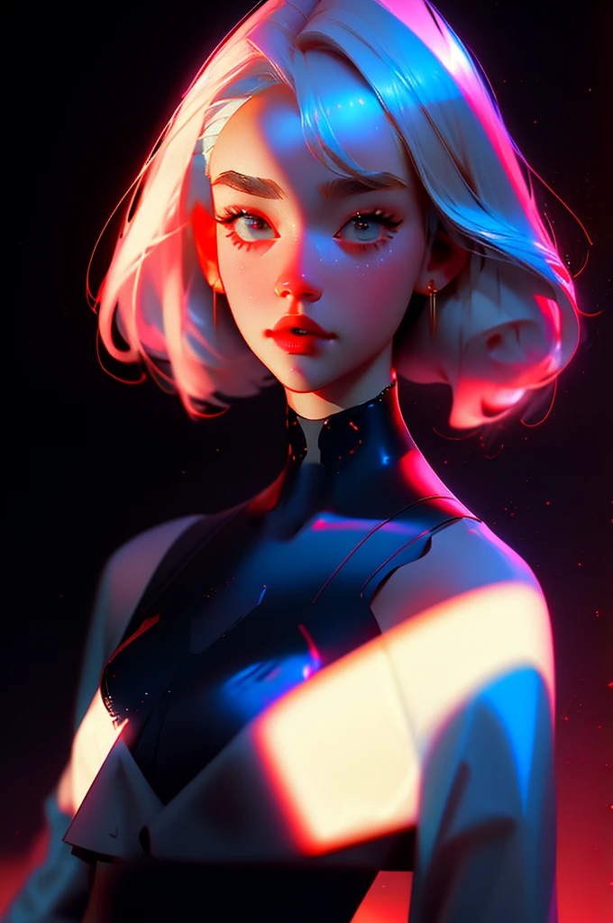 Highest quality hyper-realistic illustration, The perfect masterpiece, perfect artwork, 8k, (Upper body portrait: 1.5), (((Viewed from the front: 1.2))), lens close-up, delicate face, white hair, (hakuhatsu: 1.3), long hair, long arms, (black background: 1.3), sexy posing, big breasts, low-cut dress, red dress with gold, pearl illusion, cyberpunk ,fashion trend,3s material,high definition,detailed rendering,c4d,3d,octane rendering,ray tracing,complex details,neon lights,animated lighting,OCRenderer,8k