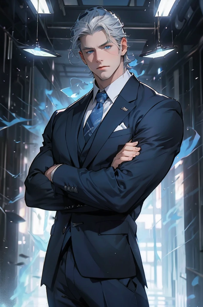 Drawing of a young Chad, Dark blue suit,tie, White shirt,Pants, Looking at the camera, male,Silver short hair,Blue Eyes,muscle,bodyguard,Light and Shadow,colorful
