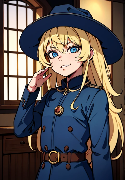 1girl, Blonde hair, Blue eyes, (Cowboys_shot:1.2), Focus on the face, long hair, Side locks, Holy,(aghast:1.1) expression, Atmospheric lighting, smiley , In an old museum , With interesting things , Cobwebs, Amazing , Beautiful 8K wallpaper, Very detailed, complicated