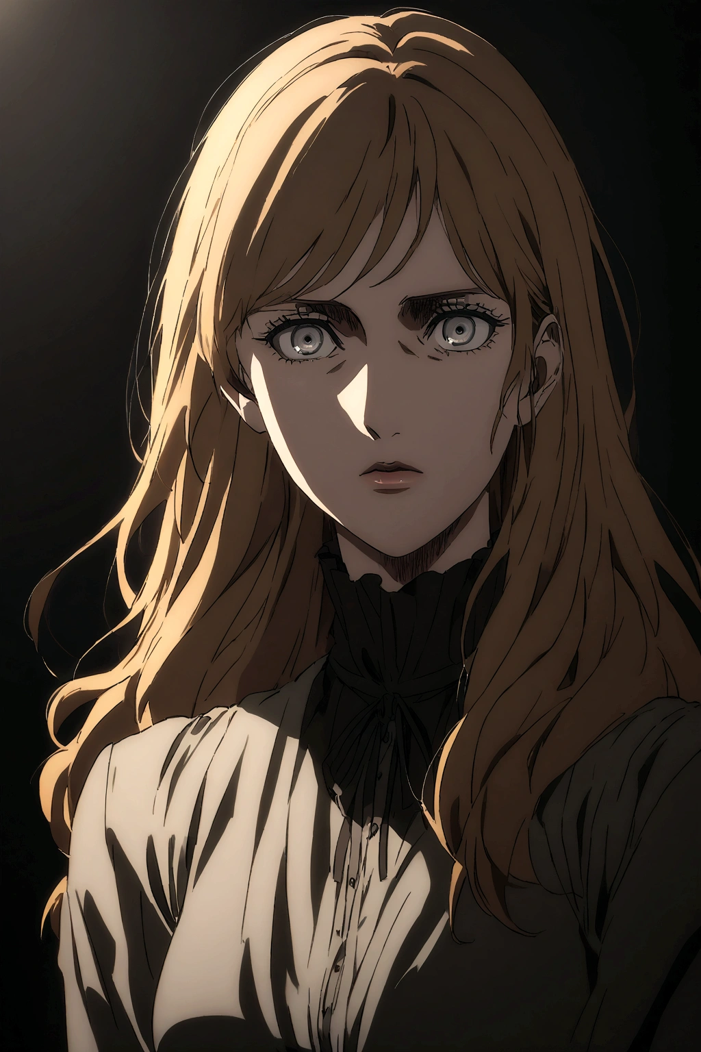 Attack on Titan anime style, woman with ginger wavy long hair, grey eyes. She wears a black high-necked blouse