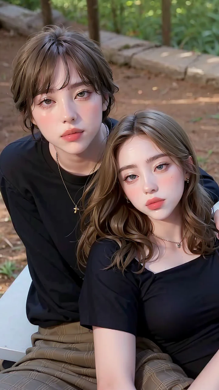 There are two people sitting on a bench in the forest, they are brothers, dasha taran, taken at the beginning of 2020, Marco Ariano, imagem de perfil, Hannah Yata Charlie sempre, charli bowater e artgeem, Asher Duran, Kailee Mandel, embaralhamento dos namorados, Retrato de Sophie Mudd, imagem vazada