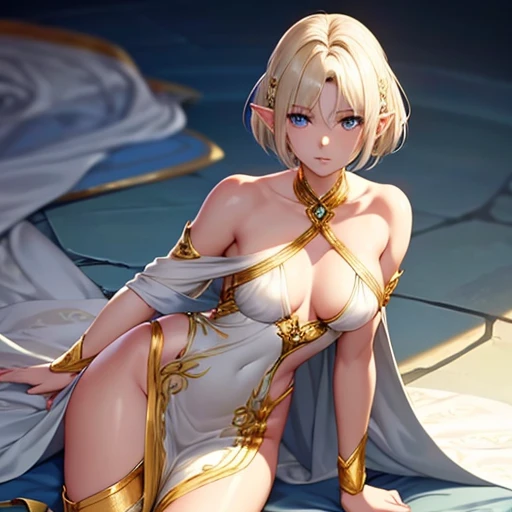 The elf is very beautiful, her body is slim and toned, His skin and hair are white with gold tones., His eyes are golden with a beautiful shine., his countenance is very attractive, her hair short but well combed, Her legs are slim and toned and her hands look very delicate both physically and mentally..