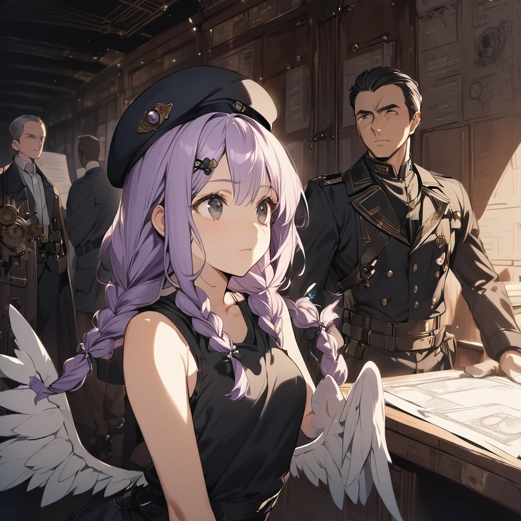 (a girl and a man:1.5), (a girl with closs hair pin,pale purple hair,wavy two braids,bluntbangs hair,green and black eyes a black tank top and shorts,:1.4), anime visual, (tilt head:1.3), extremely delicate face, soft clean focus, realistic lighting and shading, (an extremely delicate and beautiful art:1.3), (muted colors:1.1), small breast,slim,In a steampunk command room, there is a display on the wall, with a line art drawing of the blueprints for the wings to be attached to the girl,
A man superior officer looks up at it and gives orders, wearing a blue military uniform, beret,
a girl who is listening to the orders