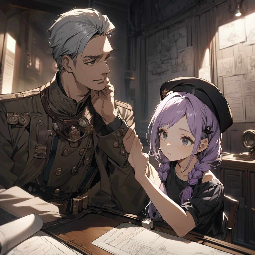 (a girl and a man:1.5), (a girl with closs hair pin,pale purple hair,wavy two braids,bluntbangs hair,green and black eyes a black tank top and shorts,:1.4), anime visual, (tilt head:1.3), extremely delicate face, soft clean focus, realistic lighting and shading, (an extremely delicate and beautiful art:1.3), (muted colors:1.1), small breast,slim,In a steampunk command room, there is a display on the wall, with a line art drawing of the blueprints for the wings to be attached to the girl,
A man superior officer looks up at it and gives orders, wearing a blue military uniform, beret,
a girl who is listening to the orders