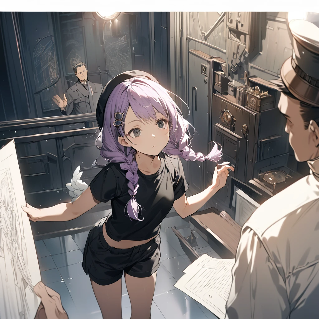 (a girl and a man:1.5), (a girl with closs hair pin,pale purple hair,wavy two braids,bluntbangs hair,green and black eyes a black tank top and shorts,:1.4), anime visual, (tilt head:1.3), extremely delicate face, soft clean focus, realistic lighting and shading, (an extremely delicate and beautiful art:1.3), (muted colors:1.1), small breast,slim,In a steampunk command room, there is a display on the wall, with a line art drawing of the blueprints for the wings to be attached to the girl,
A man superior officer looks up at it and gives orders, wearing a blue military uniform, beret,
a girl who is listening to the orders
