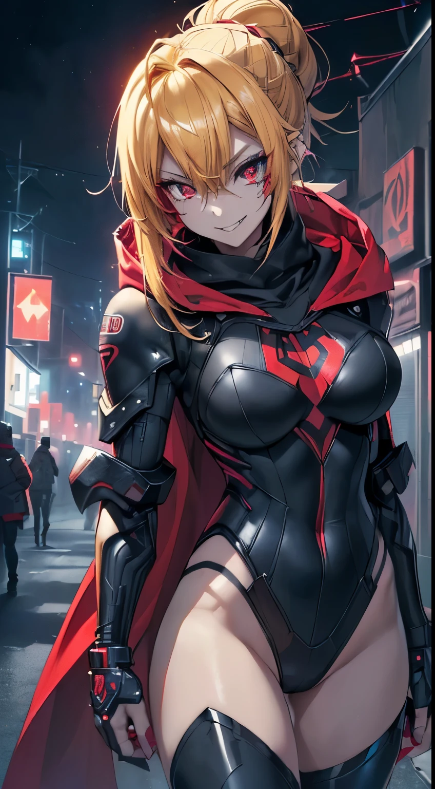 top-quality、Top image quality、masterpiece、evil girl with((18year old、Red, black and blue glowing cyber suit, falda corta, blonde hair streaked with lots ofred, black and blues hihlights, mystical,、Shining Cyber White Hoodie、Best Bust、Bust 90、Blonde Away Tail、Red Eyes、Valley、A slender、 insane smile、Red Face tattoo Paint、Black scarf、Reflecting the whole body, vampiric aura、Slouch action))hiquality、Beautiful Art、Background with((nightcity、cyberpunked、nightclubasutepiece、Elaborate design、visualart fullbody shot, cowboy shot