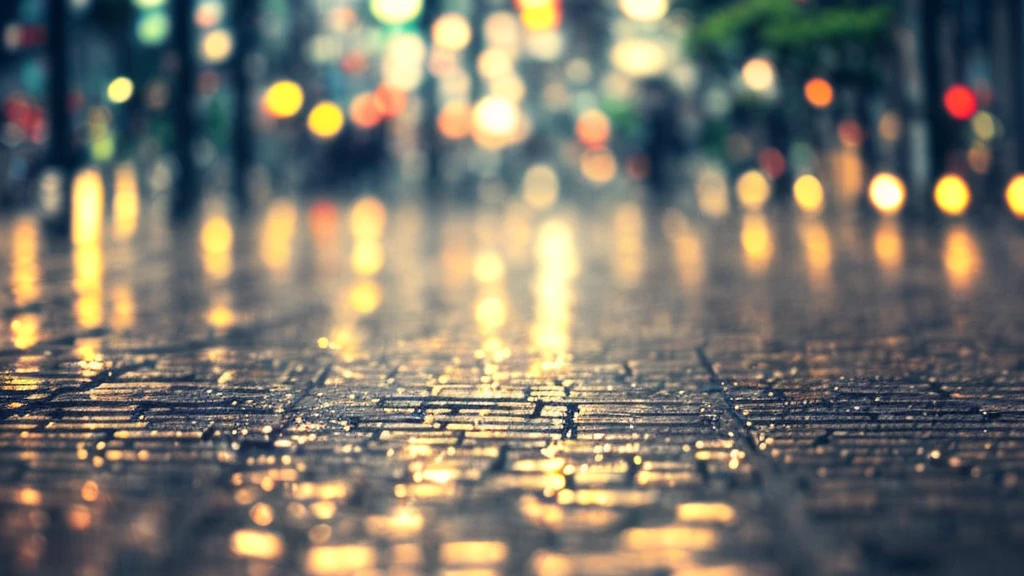 tokyo sidewalk at afternoon after rain with wet streets, bokeh, focus on ground, make it like garden of words style, warm tone, no human, no people on it, (((very low angle))), (((detailed background)))