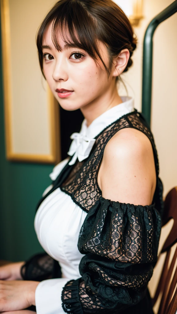 (8K, RAW photo, best quality, masterpiece:1.2), (realistic, photo-realistic:1.37), ultra-detailed,
1 girl,cute, 独奏,beautiful detailed sky,detailed cafe,night,sitting,dating,(nose blush),(smile:1.1),(closed mouth),large breasts, seductive smile, large aparture, professional lighting, Sony A7R4, Zessie 50mm F1.8,
huge breasts,,beautiful detailed eyes,(collared shirt:1.1), bowtie,white pleated mini skirt,(short hair:1.2),floating hair