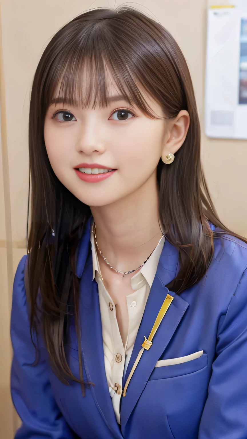 Highest quality:1.2), RAW Photos, High resolution, Very detailed, Intricate details, short hair、ear piercing、smile、Emphasis on teeth、、Light brown hair、 (Front view, ), Clear beauty, Upper Body, (High quality fabric, Office Lady Suit 、Jacket、Unbuttoned shirt、 Necklace around the neck、The background is the office
