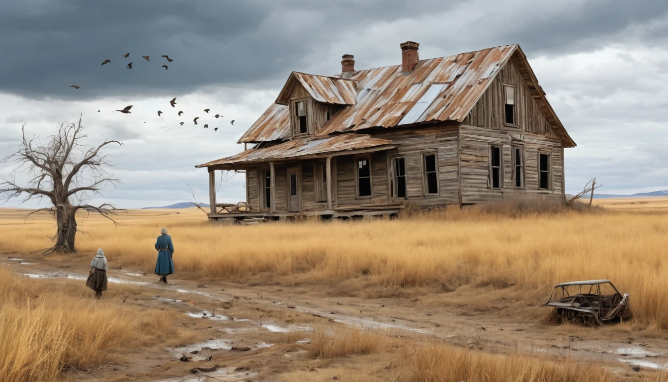 A desolate, rustic farmhouse in an expansive, barren field. The house has an old, weathered appearance with corrugated metal roofing and wooden siding, showcasing signs of decay. The landscape features dry, yellowed grass and leafless trees under an overcast sky. Two figures stand near the house, adding to the eerie and deserted atmosphere. A flock of birds flies overhead, enhancing the scene's somber and isolated mood. Hyper realistic photo, vibrant colors, 16k
