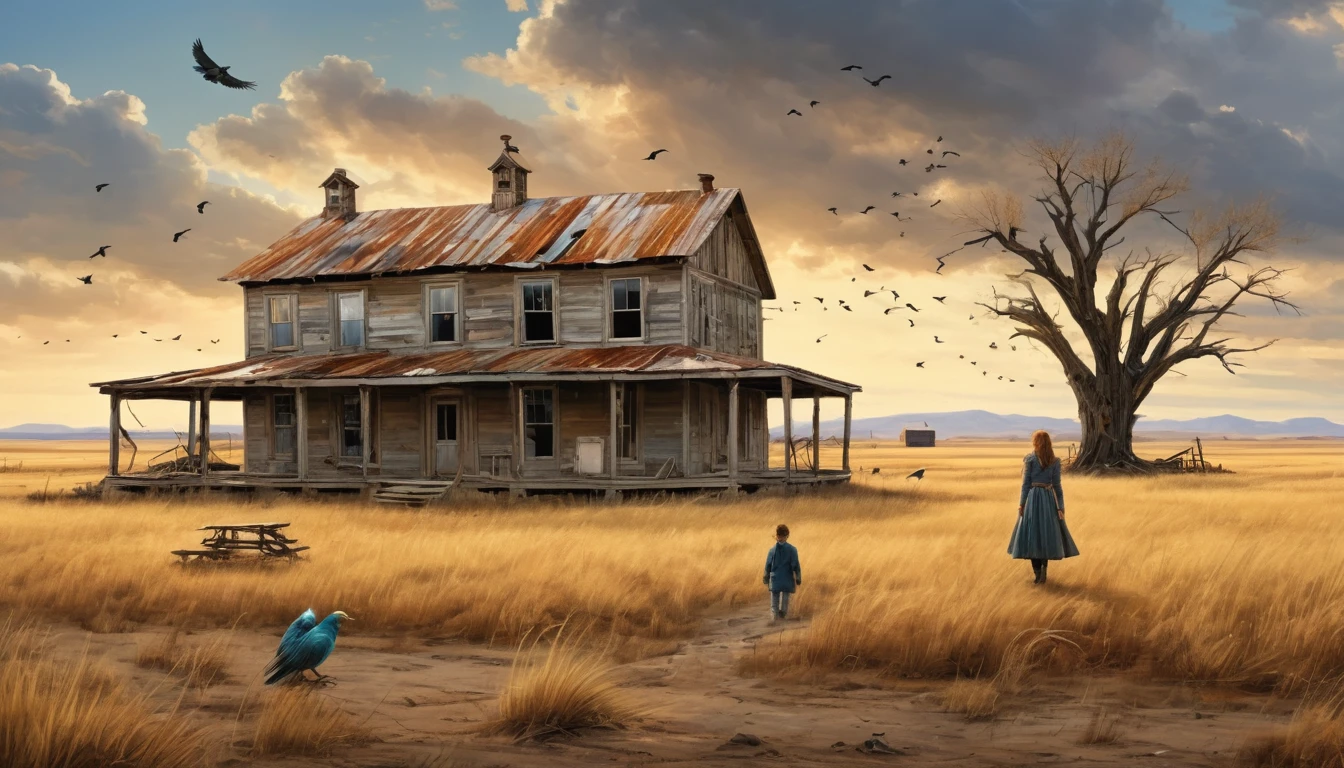 A desolate, rustic farmhouse in an expansive, barren field. The house has an old, weathered appearance with corrugated metal roofing and wooden siding, showcasing signs of decay. The landscape features dry, yellowed grass and leafless trees under an overcast sky. Two figures stand near the house, adding to the eerie and deserted atmosphere. A flock of birds flies overhead, enhancing the scene's somber and isolated mood. Hyper realistic photo, vibrant colors, 16k