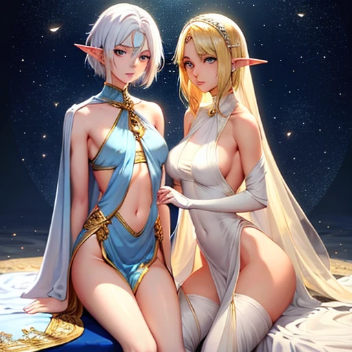 The elf is very beautiful, her body is slim and toned, His skin and hair are white with gold tones., His eyes are golden with a beautiful shine., his countenance is very attractive, her hair short but well combed, Her legs are slim and toned and her hands look very delicate both physically and mentally..