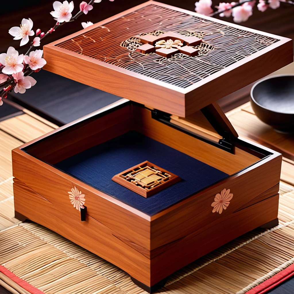 Japanese traditional「Tamate Box」Please generate an image of。Tamate Boxは、A treasure chest that appears in Japanese folk tales。In the box、Cherry Blossom、turtle、波などのJapanese traditional模様が施され、It has an elegant and sophisticated design。The surface is finished with lacquer.、Has a glossy appearance。The box is slightly open、It emits a soft and mysterious light.。In the background、Tatami room、Shoji screen、It depicts a classic Japanese environment with simple decoration.、It brings out the mysterious atmosphere of the ancient world.。