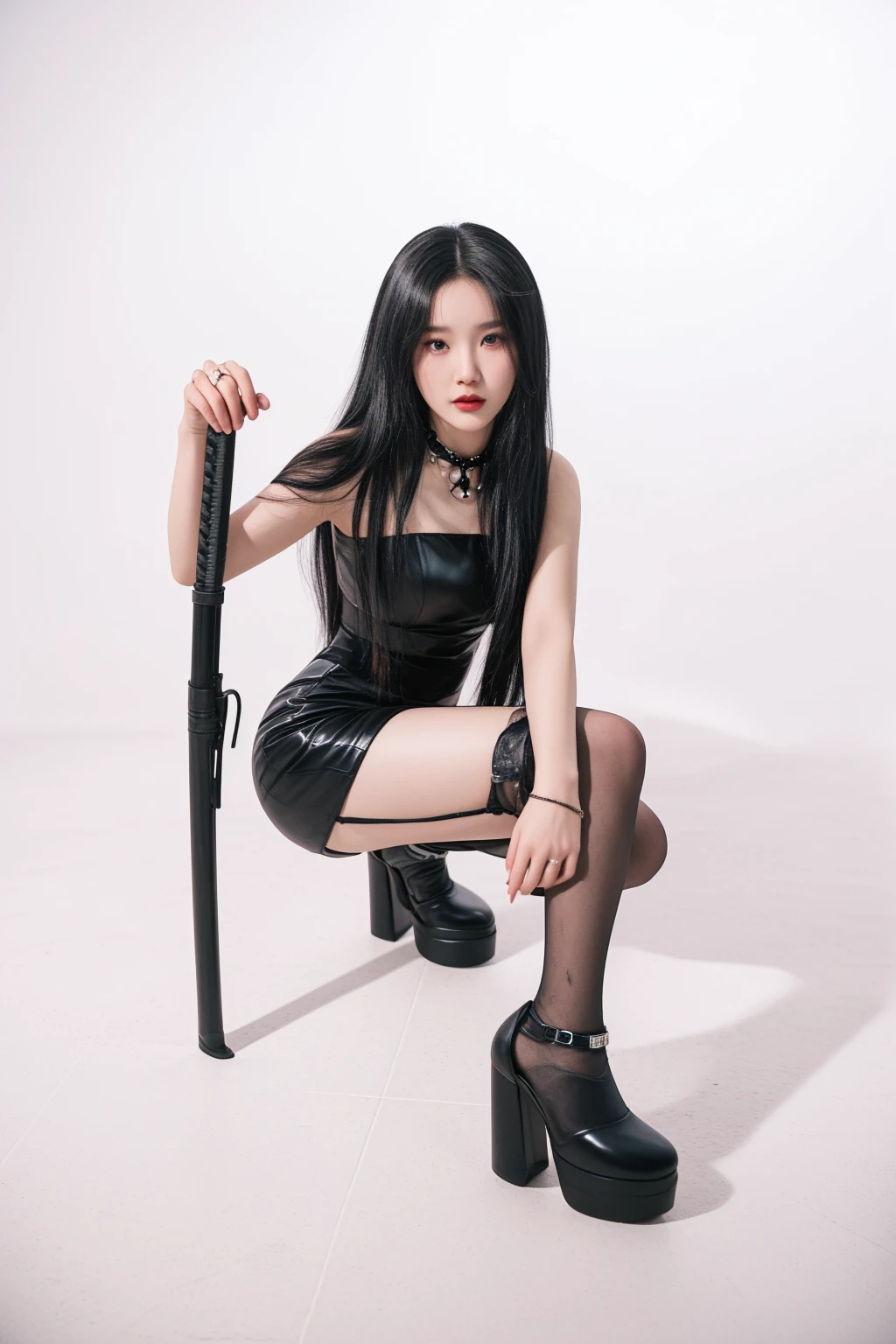 there is a woman in a black dress and a black umbrella, cruel korean goth girl, iu lee ji-eun as a super villain, full body xianxia, dominatrix, mistress, lone  female goddess, with axe, heonhwa choe, villainess, sexy dominant pose, with rifle, full body photoshoot, solo photoshoot, xision wu