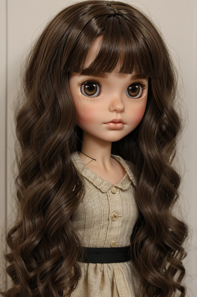 Make a blythe doll with slightly wavy hair and dark eyes, with a smaller face and black eyes and brown hair and hair that's a little short a little longer and has glasses, that has glasses and hair that is a little less wavy