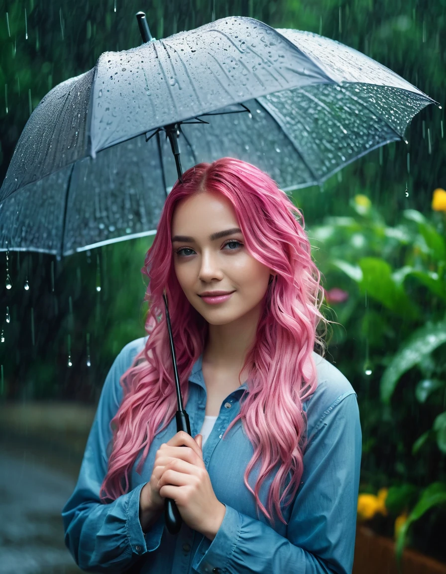 Young woman, with long pink hair, a soft smile, holding umbrella in the rain, rain falling, flower garden scene wet from rain, wet flowers, (best quality, 4k, 8k, highres, masterpiece:1.2), ultra-detailed, (realistic, photorealistic, photo-realistic:1.37), HDR, UHD, studio lighting, vivid colors, bokeh, portraits, landscape, rainy day, raining heavily, rainy atmosphere, damp, wet pavement, raindrops on umbrella, rain-soaked flowers, vibrant colors, misty atmosphere, rainwater dripping, tranquil, serene, graceful pose, delicate details, raindrop splashes, cool blue tone, soft natural light, water droplets on leaves, fresh scent of rain, wet greenery. film grain, ultra high resolution, shadow best, RAW, Instagram LUT,pink hair