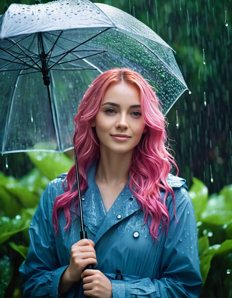 Young woman, with long pink hair, a soft smile, holding umbrella in the rain, rain falling, flower garden scene wet from rain, wet flowers, (best quality, 4k, 8k, highres, masterpiece:1.2), ultra-detailed, (realistic, photorealistic, photo-realistic:1.37), HDR, UHD, studio lighting, vivid colors, bokeh, portraits, landscape, rainy day, raining heavily, rainy atmosphere, damp, wet pavement, raindrops on umbrella, rain-soaked flowers, vibrant colors, misty atmosphere, rainwater dripping, tranquil, serene, graceful pose, delicate details, raindrop splashes, cool blue tone, soft natural light, water droplets on leaves, fresh scent of rain, wet greenery. film grain, ultra high resolution, shadow best, RAW, Instagram LUT,pink hair