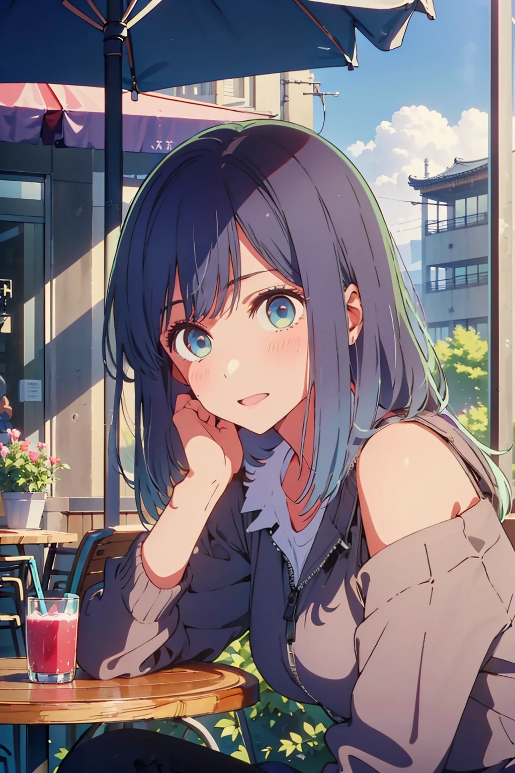 (Highest quality:1.4、masterpiece:1.4、超detailed:1.4、Ultra-high resolution:1.4、Absurd:1.4、Absolute Resolution:1.4、8K:1.4、detailed:1.4)、Slim body、((((1 person、Surprised expression、sit、Chair、In the background are the urban buildings of Tokyo、looking at the camera、Outdoor café terrace、Navy hair color、juice、table、Shooting from an angle、Very cute face))))、((((nude、very beautiful areola))))、(Pose with hands tucked behind ears:1.4、Cheek resting on hand:1.4)、(((Black off-the-shoulder blouson with zipper、Take off your clothes)))、Very blue sky、A completely cloudless sky