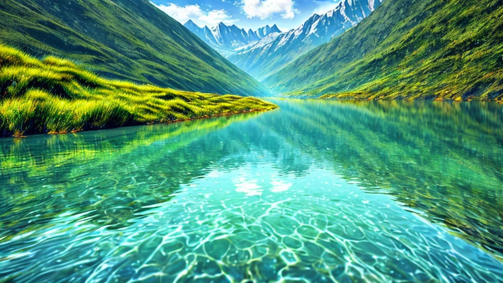 Water surface view, Mountain rivers,The water is clear and blue, 4K, Surrealism