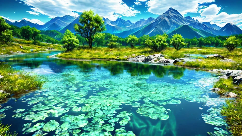 Water surface view， Mountain rivers，The water is clear and blue, 4K, Surrealism