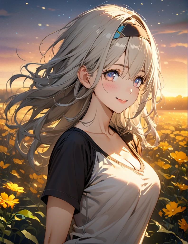 beautiful girl, long grey hair, beautiful face,smiling,close up to hips, beautiful breast, in the middle of flowers field, (open mouth:0.4),illustration,detailed textures(realists),ultra-detailed,portrait style,vivid colors,soft lighting, blushing, mature, hair fluttering, evening light , head band, ((half body)),  cleavage, wearing casual t-shirt, perky. ((side profile until hips))